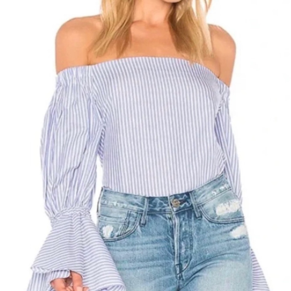 Alexis Juniper Striped Off Shoulder Top Blue White Blouse Shirt Ruffle Sleeve M